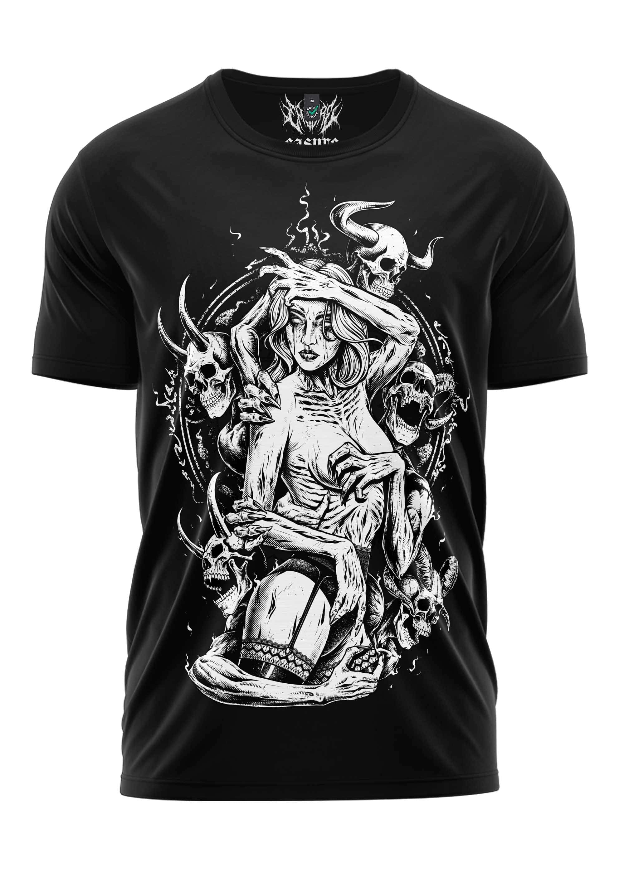 Schweres unisex t-shirt the demons wife in schwarz mit detailliertem skelettmotiv aus strapazierfähigem stoff